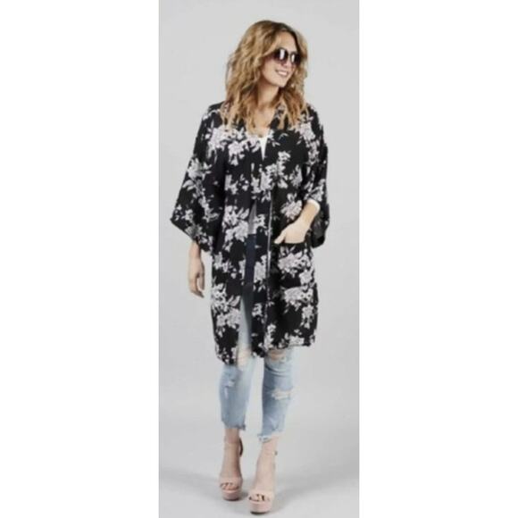 Spiritual‎ Gangster Kimono Women Large Black Maya Floral Tie Front Boho Fairy - Picture 2 of 8